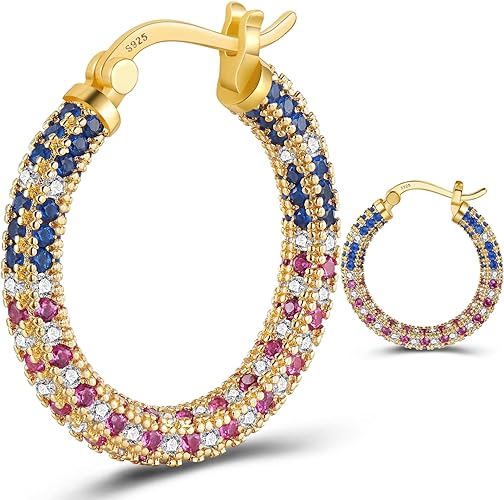 ONE:  ONE: 925 Sterling Silver Post Hoop Earrings 14K Gold Plated Jewelry CZ