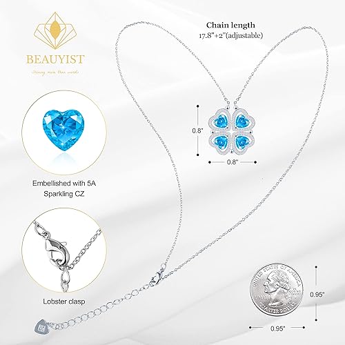 ONE: Lucky Four Leaf White Gold December Blue Topaz Clover Pendant Necklaces for Women & Girls