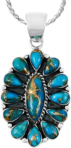 ONE :💎Color: Handmade Genuine Natural Teal/Matrix Turquoise Pendant 20" Necklace 925 Sterling Silver (Solid)