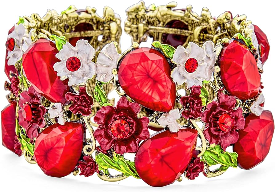 ONE: Premium Gorgeous Jewelry Wide Red Crystal Flower Statement Cuff Bracelet for Women Flexible Oxidized Gold Plated