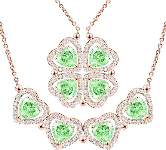 ONE: Lucky Four Leaf Rose Gold August Peridot Clover Pendant Necklaces for Women & Girls