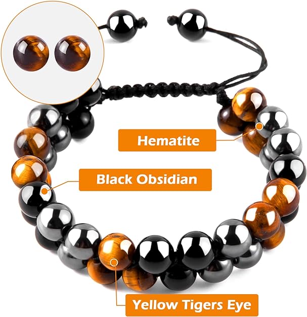 ONE: Premium 8MM Handmade Beaded Bracelet Tiger Eye Bracelet Black Obsidian Hematite Natural Crystal Jewelry Stone Bracelets Gifts for Men and Women