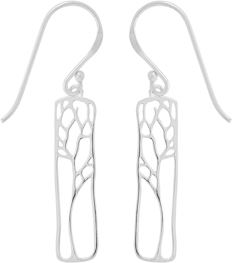 ONE PAIR:  Hoop Earrings Genuine 925 Sterling Silver  Rectangle Tree Silhouette Dangle Earrings