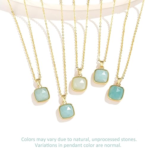 ONE: Handmade Healing Crystal Pendant Necklace, 14K Gold Plated Natural Energy Stone Amazonite-Square