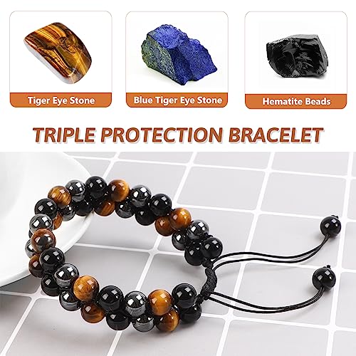 ONE: Tiger Eye Bracelet, Triple Protection Bracelet for Men Women, Handmade Tiger Eye Beads Hematite and Black Obsidian Natural Stone Healing Energy Crystal Bracelets