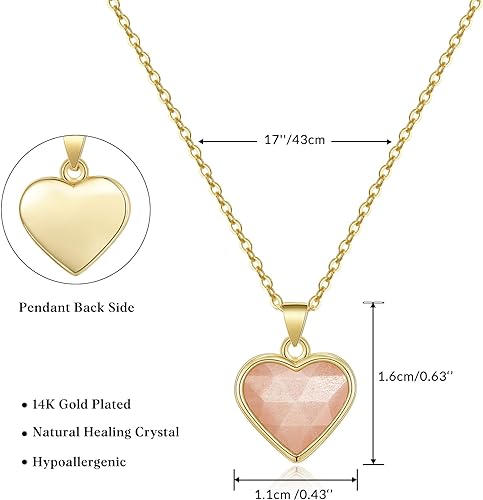 ONE: Handmade Healing Crystal Pendant Necklace, 14K Gold Plated Natural Energy Stone Sunstone-Heart