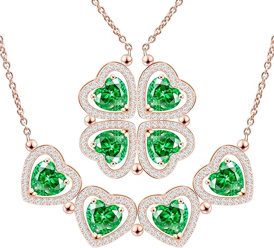 ONE: Lucky Four Leaf Rose Gold MAY- Emerald Green Clover Pendant Necklaces for Women & Girls