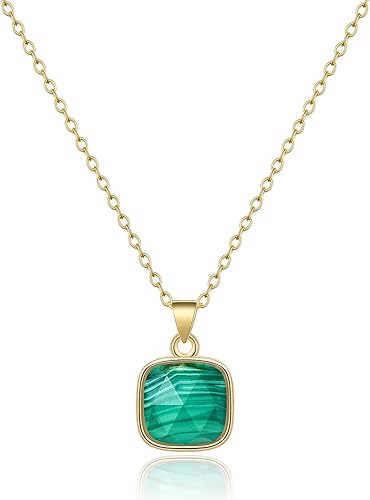 ONE: Handmade Healing Crystal Pendant Necklace, 14K Gold Plated Natural Energy Stone Malachite-Square