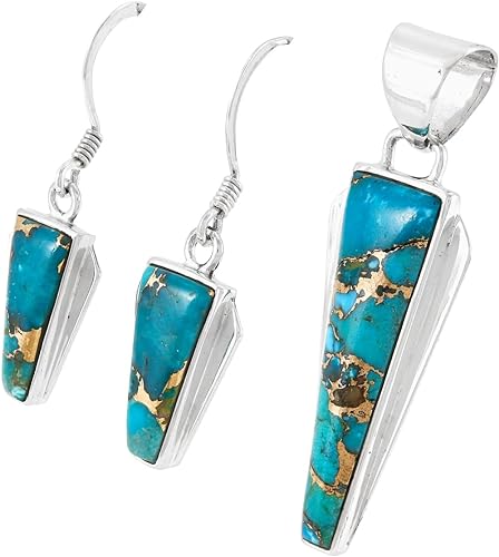 ONE :💎Sterling Silver (Solid) 925 Matching Pendant & Earrings Set (with 20" Sterling Rope Chain) Genuine Color: Teal/Matrix Turquoise