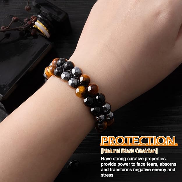 ONE: Premium 8MM Handmade Beaded Bracelet Tiger Eye Bracelet Black Obsidian Hematite Natural Crystal Jewelry Stone Bracelets Gifts for Men and Women