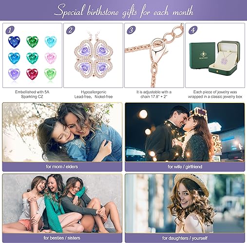 ONE: Lucky Four Leaf Rose Gold JUNE- Alexandrite Clover Pendant Necklaces for Women & Girls