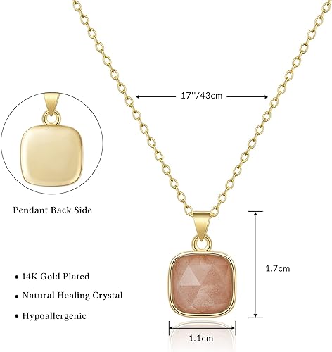 ONE: Handmade Healing Crystal Pendant Necklace, 14K Gold Plated Natural Energy Stone Sunstone-Square