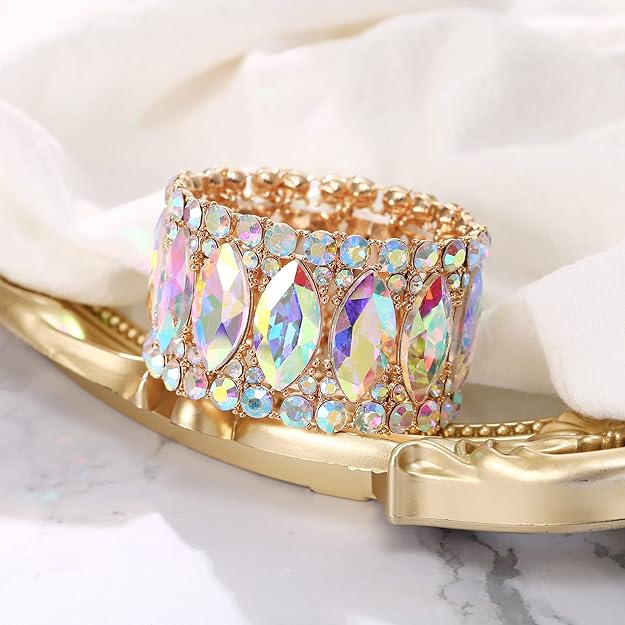 ONE: Premium Gorgeous Jewelry Elegant Crystal Double Row Rhinestones Marquise Cluster Stretch Bangle Bracelet.