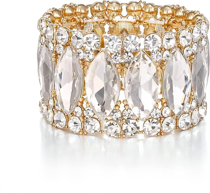 ONE: Premium Gorgeous Jewelry Elegant Crystal Double Row Rhinestones Marquise Cluster Stretch Bangle Bracelet.