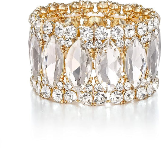 ONE: Premium Gorgeous Jewelry Elegant Crystal Double Row Rhinestones Marquise Cluster Stretch Bangle Bracelet.