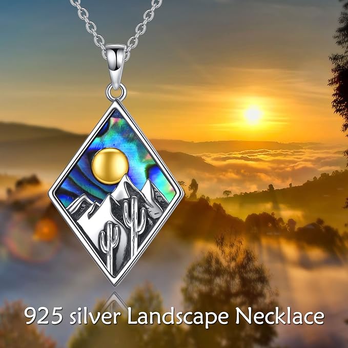 ONE: Abalone Shell Mountain Nature Pendant Necklace Genuine Sterling Silver 925