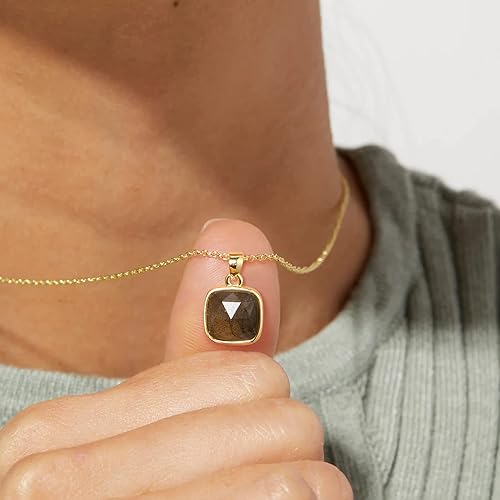 ONE: Handmade Healing Crystal Pendant Necklace, 14K Gold Plated Natural Energy Stone Labradorite-Square
