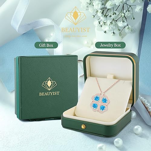 ONE: Lucky Four Leaf Rose Gold March Blue Topaz Clover Pendant Necklaces for Women & Girls