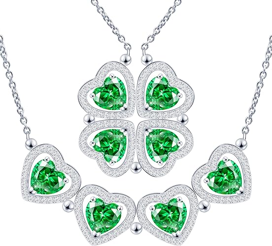 ONE: Lucky Four Leaf White Gold May Emerald Green Clover Pendant Necklaces for Women & Girls