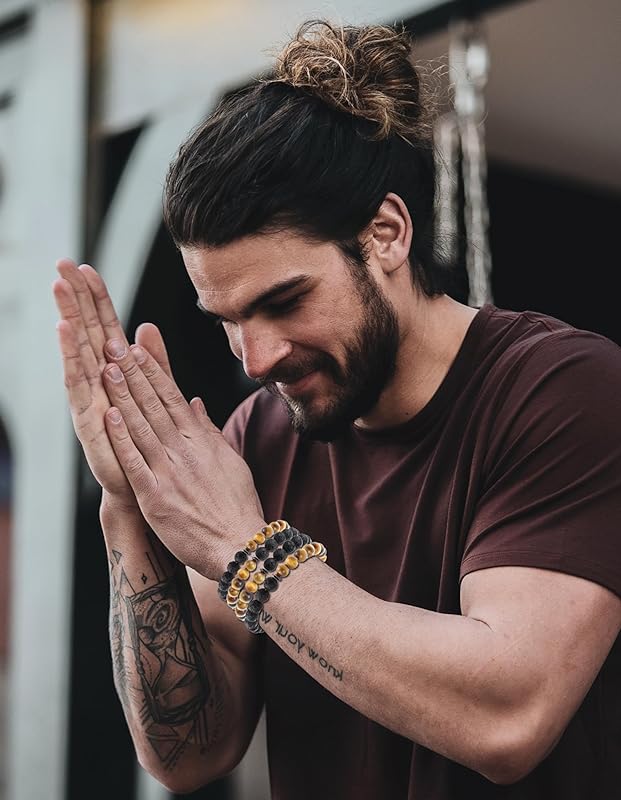 ONE: Premium 5Pcs Handmade Bracelets Tiger Eye 8mm Matte Lava Rock Volcanic Stone Beads Beaded Bracelets for Men Women - Stretch Bracelet