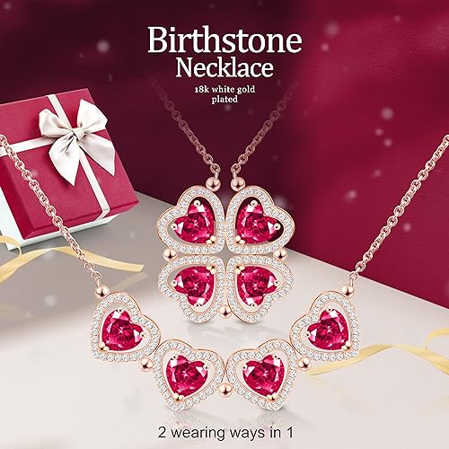 ONE: Lucky Four Leaf Rose Gold JULY- RUBY RED Clover Pendant Necklaces for Women & Girls
