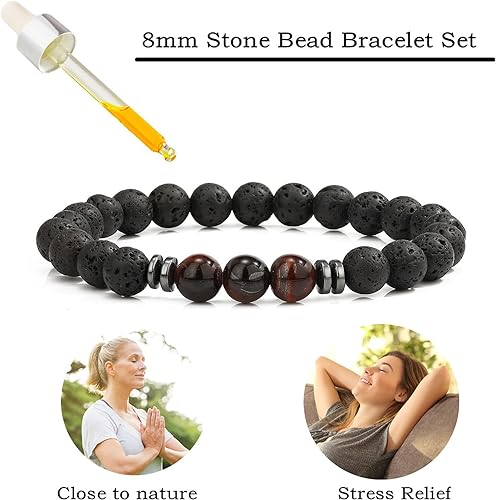 THREE: 3 HANDMADE Bracelets Matte Natural Lava Rock Volcanic Stone Beads Elastic Stretch Tiger RED