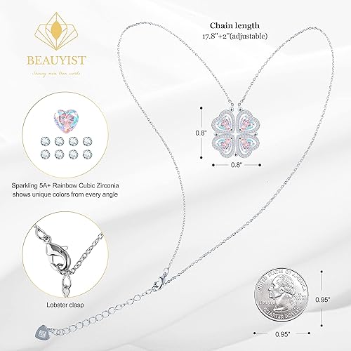 ONE: Lucky Four Leaf White Gold March Aquamarine Clover Pendant Necklaces for Women & Girls