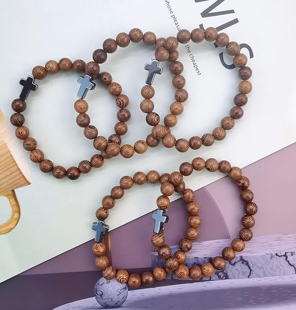 ONE: Premium Handmade 12Pcs Christian Prayer Beads Bracelet for Women Men Wooden Beads Cross Bracelet Religious Mala Beaded Bracelets Fashion Jewelry 8mm