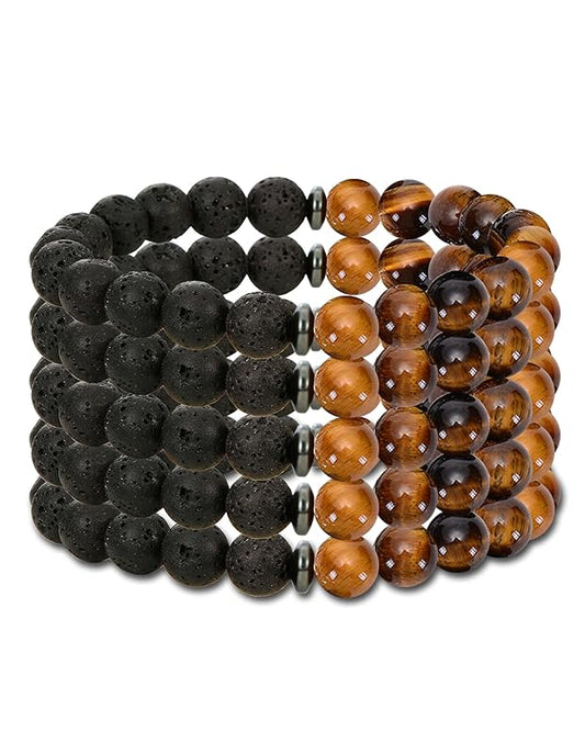 ONE: Premium 5Pcs Handmade Bracelets Tiger Eye 8mm Matte Lava Rock Volcanic Stone Beads Beaded Bracelets for Men Women - Stretch Bracelet