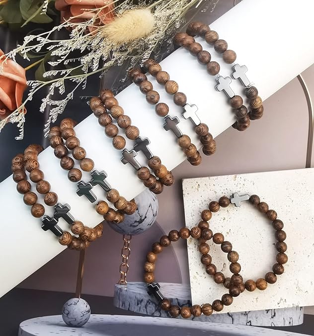 ONE: Premium Handmade 12Pcs Christian Prayer Beads Bracelet for Women Men Wooden Beads Cross Bracelet Religious Mala Beaded Bracelets Fashion Jewelry 8mm