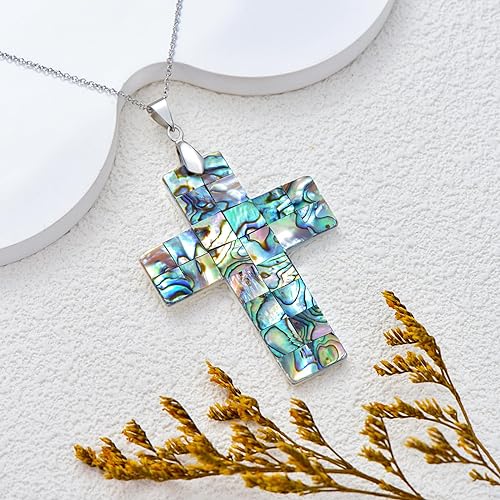 ONE: Handmade Healing Crystal Abalone Shell CROSS Pendant Necklace