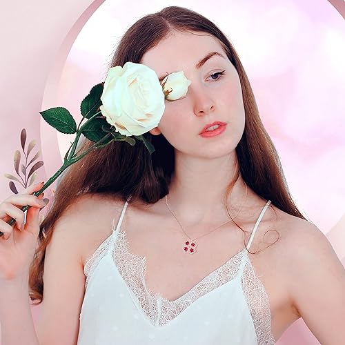 ONE: Lucky Four Leaf Rose Gold JULY- RUBY RED Clover Pendant Necklaces for Women & Girls