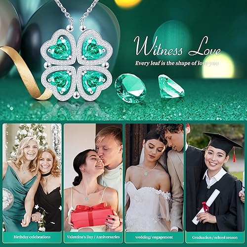 ONE: Lucky Four Leaf White Gold May Columbia Green Clover Pendant Necklaces for Women & Girls