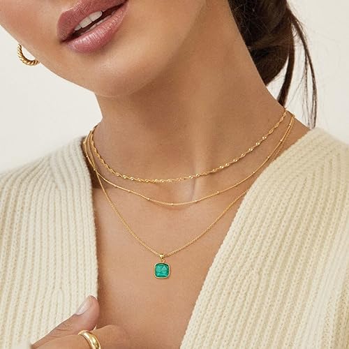 ONE: Handmade Healing Crystal Pendant Necklace, 14K Gold Plated Natural Energy Stone Malachite-Square
