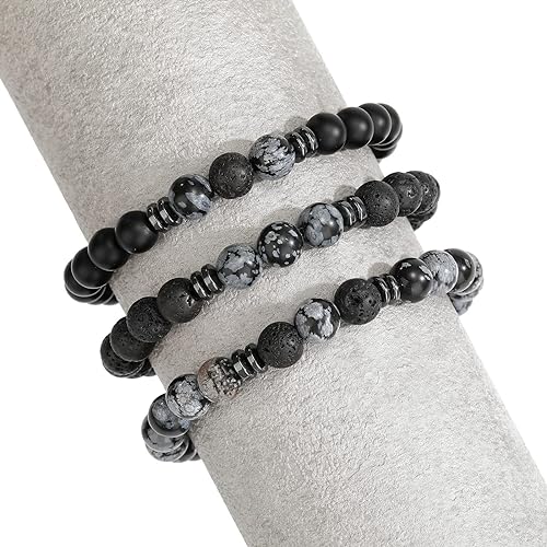 THREE: 3 HANDMADE Bracelets Matte Natural Lava Rock Volcanic Stone Beads Elastic Stretch Amethyst