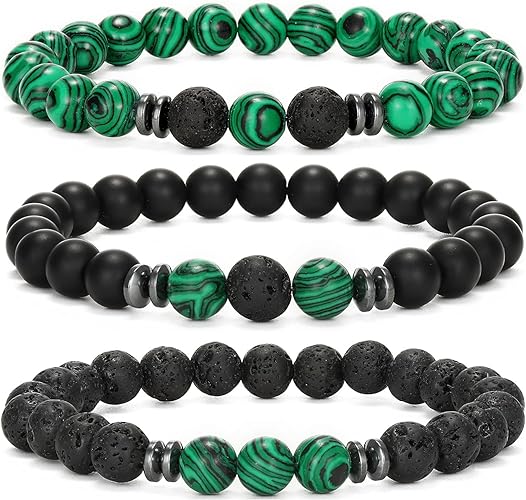 THREE: 3 HANDMADE Bracelets Matte Natural Lava Rock Volcanic Stone Beads Elastic Stretch Malachite