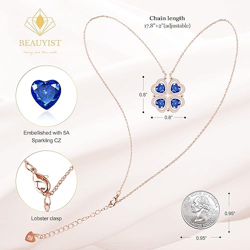 ONE: Lucky Four Leaf Rose Gold September - Safire Blue Clover Pendant Necklaces for Women & Girls