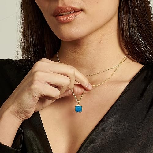 ONE: Handmade Healing Crystal Pendant Necklace, 14K Gold Plated Natural Energy Stone Blue Apatite-Square