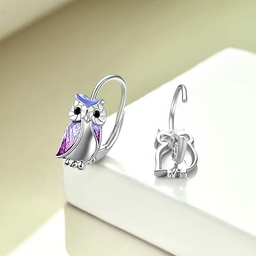 ONE PAIR:  Hoop Earrings Genuine 925 Sterling Silver OWL STUD