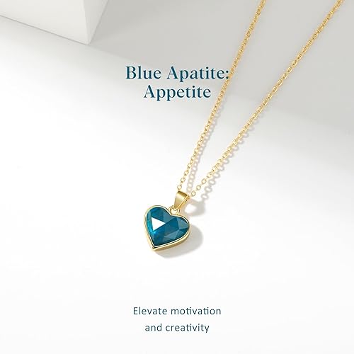 ONE: Handmade Healing Crystal Pendant Necklace, 14K Gold Plated Natural Energy Stone Blue Apatite-Heart