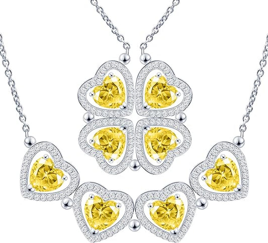 ONE: Lucky Four Leaf White Gold November Citrine Yellow Clover Pendant Necklaces for Women & Girls