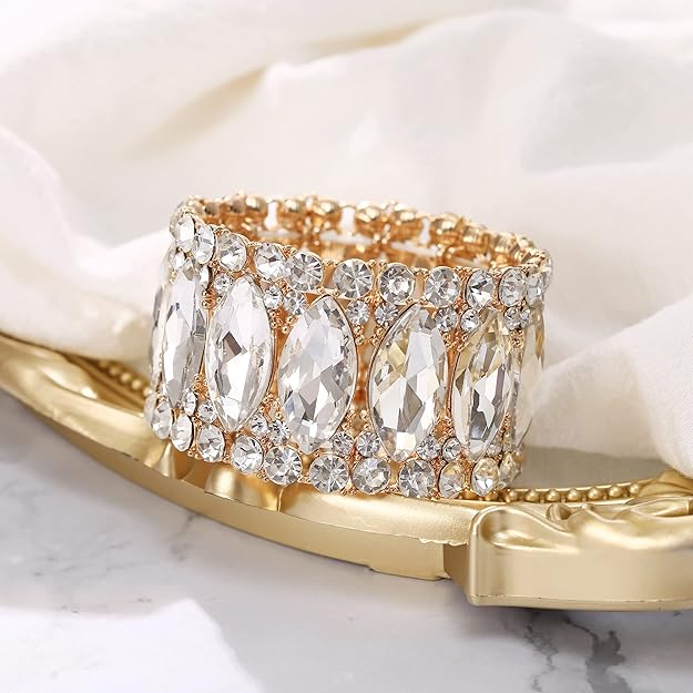 ONE: Premium Gorgeous Jewelry Elegant Crystal Double Row Rhinestones Marquise Cluster Stretch Bangle Bracelet.