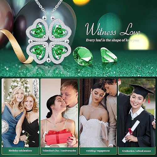 ONE: Lucky Four Leaf White Gold May Emerald Green Clover Pendant Necklaces for Women & Girls