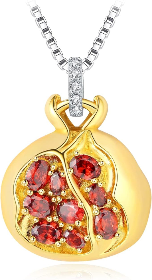 ONE: Necklace Sterling Silver Style Pomegranate 2.1ct Red Garnet Cubic Zirconia Pendant Necklace for Women, 14k Yellow Gold