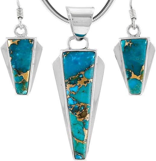 ONE :💎Sterling Silver (Solid) 925 Matching Pendant & Earrings Set (with 20" Sterling Rope Chain) Genuine Color: Teal/Matrix Turquoise