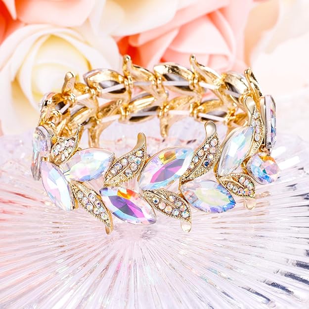 0NE: Premium Gorgeous Jewelry Elegant Crystal Marquise-Shape Leaf Stretch Bangle Bracelet