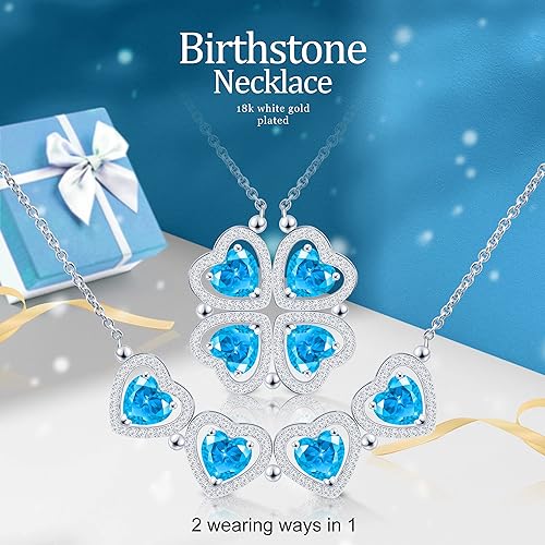 ONE: Lucky Four Leaf White Gold December Blue Topaz Clover Pendant Necklaces for Women & Girls