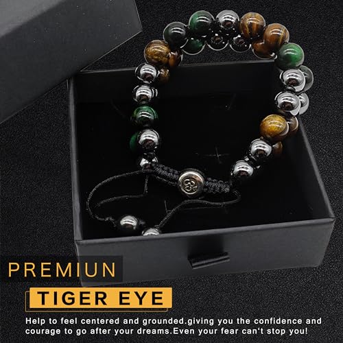 ONE: Tiger Eye Bracelet, Triple Protection Bracelet for Men Women, Handmade Tiger Eye Beads Hematite and Black Obsidian Natural Stone Healing Energy Crystal Bracelets