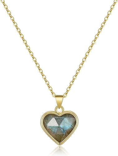 ONE: Handmade Healing Crystal Pendant Necklace, 14K Gold Plated Natural Energy Stone Labradorite-Heart