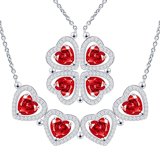 ONE: Lucky Four Leaf White Gold JAN GARNET Clover Pendant Necklaces for Women & Girls